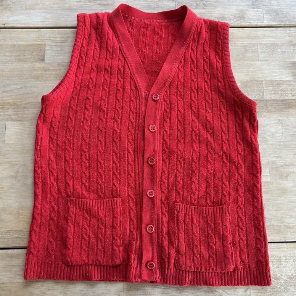 Vintage Montgomery Ward Red Cable Knit Sweater Vest Pockets Womens Medium *read